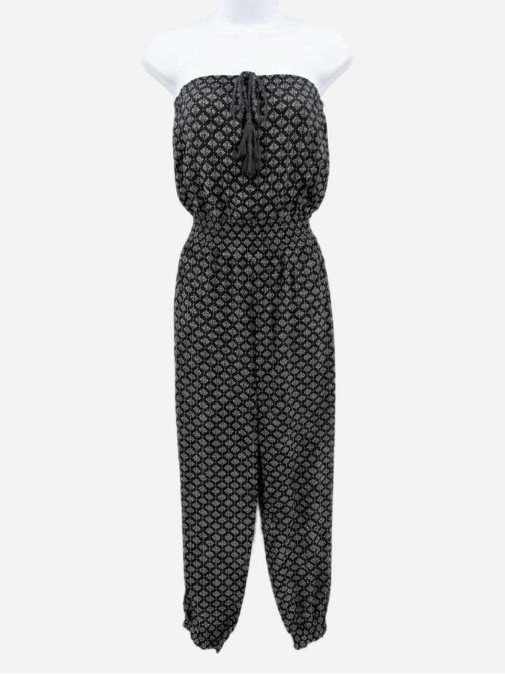 La Vie en Rose Aqua Strapless Black Jumpsuit White Palm - Smocked/Stretch - XL